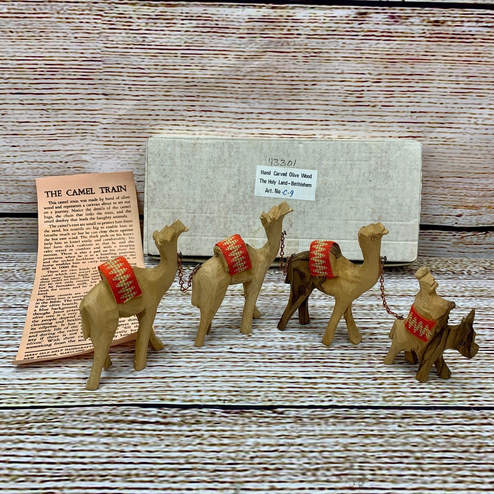 Vintage Hand Carved Olive‎ Wood Camel Train The Holy Land Bethlehem Souvenir